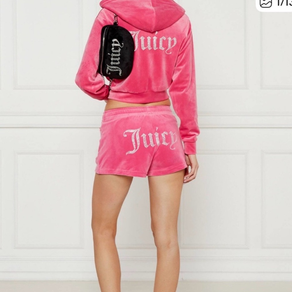 Juicy Couture Pink Velour Jacket & Shorts tracksuit Set with Rhinestones